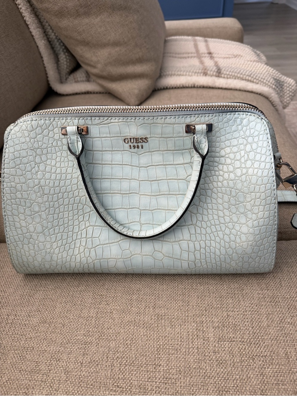 GUESS Croc-Embossed Pale Blue Satchel